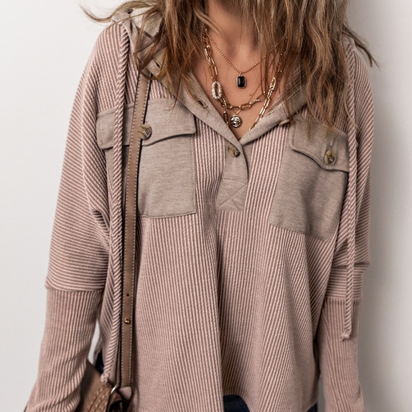 Tops - B132 Dark Brown Flap Pocket Patchwork Corded Drawstring Hoodie